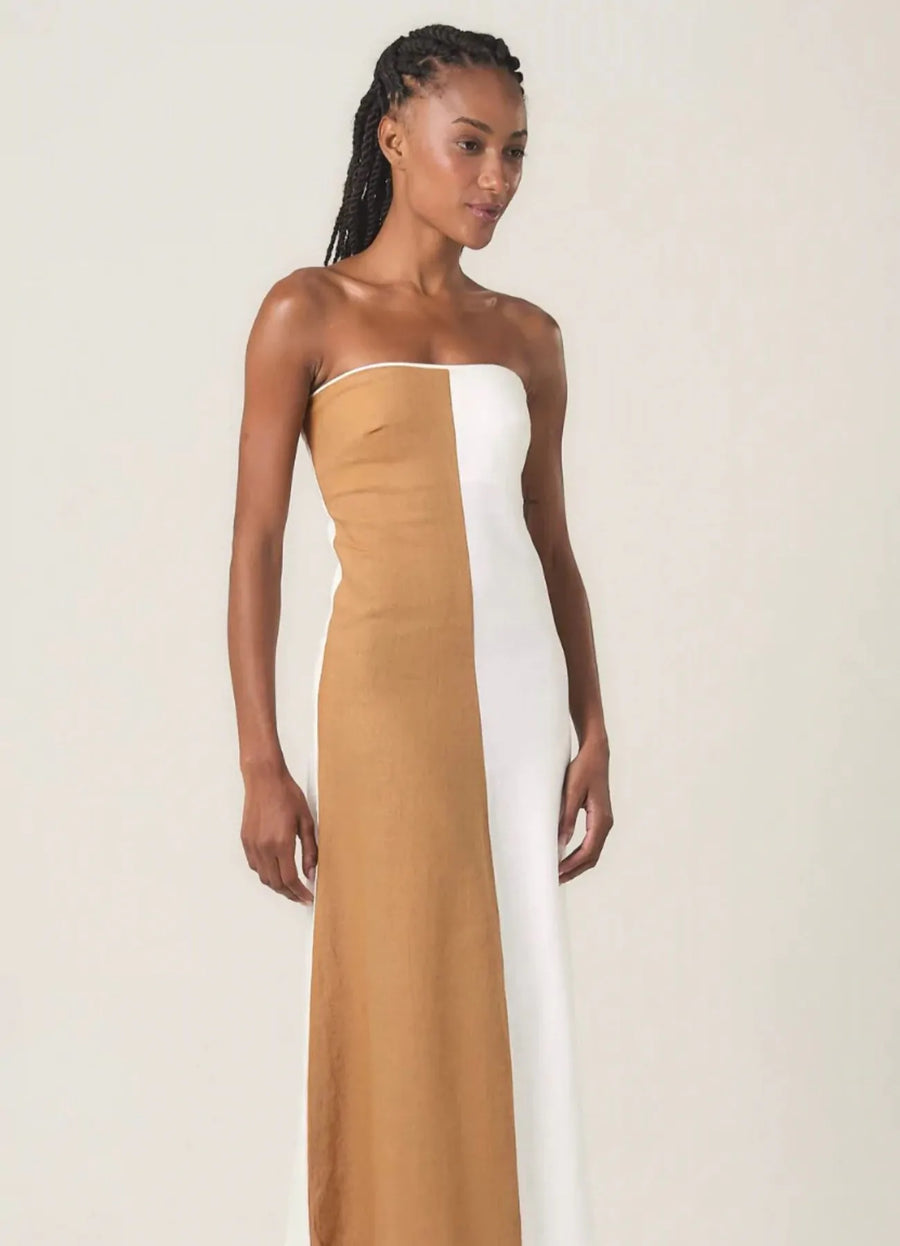 Vestido de Linho bicolor caramelo Maia