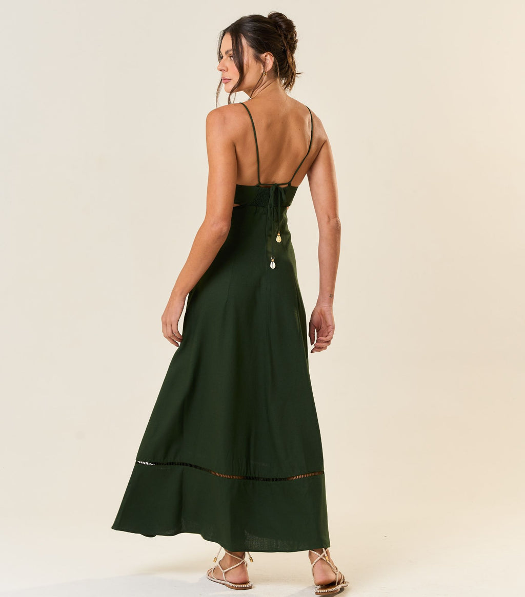 Vestido de Linho verde-floresta Catarina
